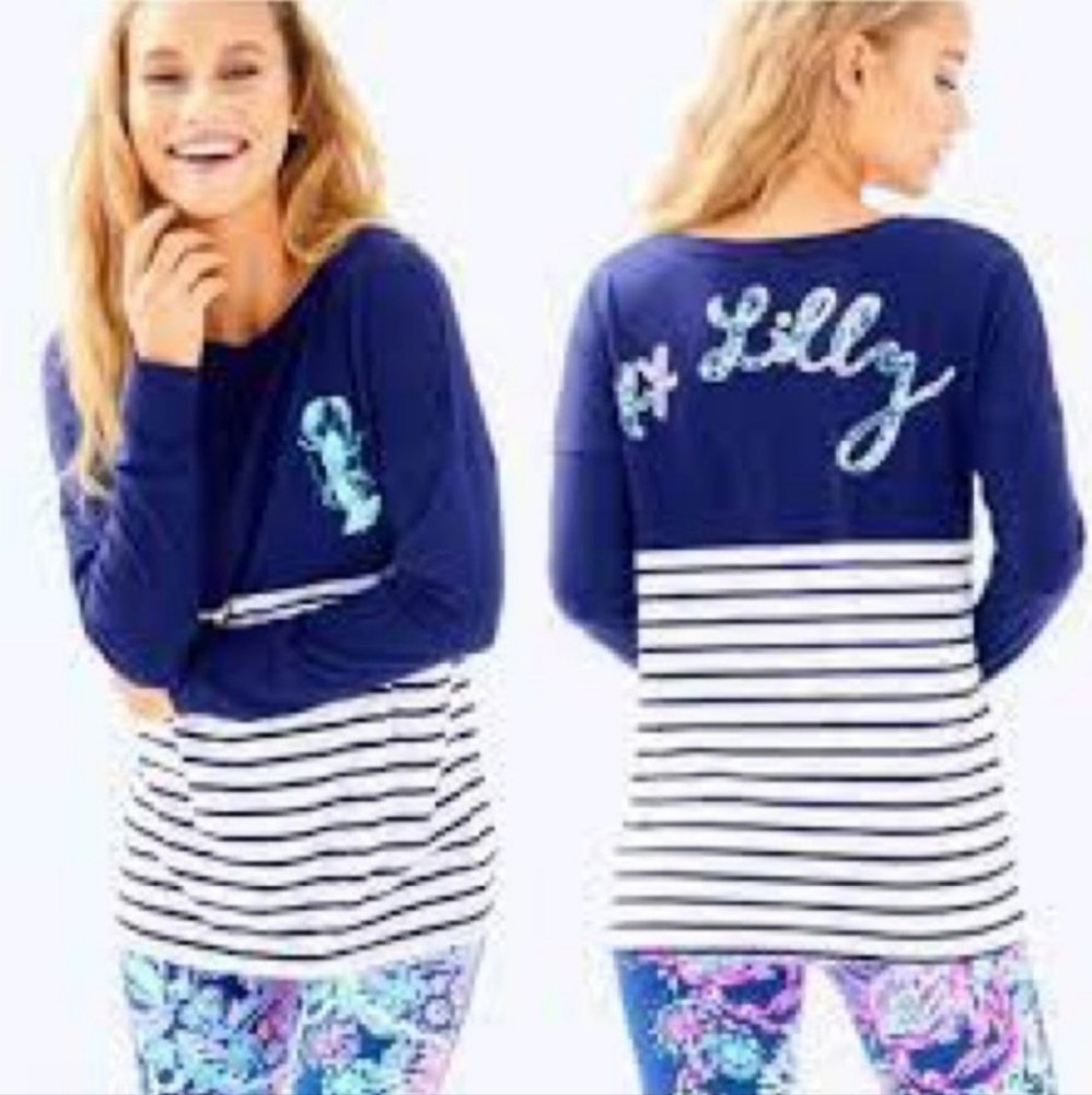 Lilly Pulitzer navy striped lobster tropical top pima cotton blend size Small - Picture 2 of 12